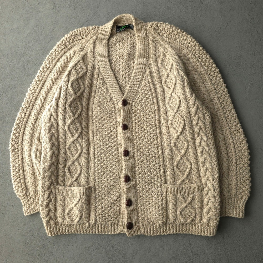 Vintage 80s Abbey Cream Cardigan XL Heavyweight Aran Cable Knit Ireland